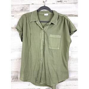 Ecru Womens L Green Lightweight Short-Sleeve Cotton Button-Up Summer Top